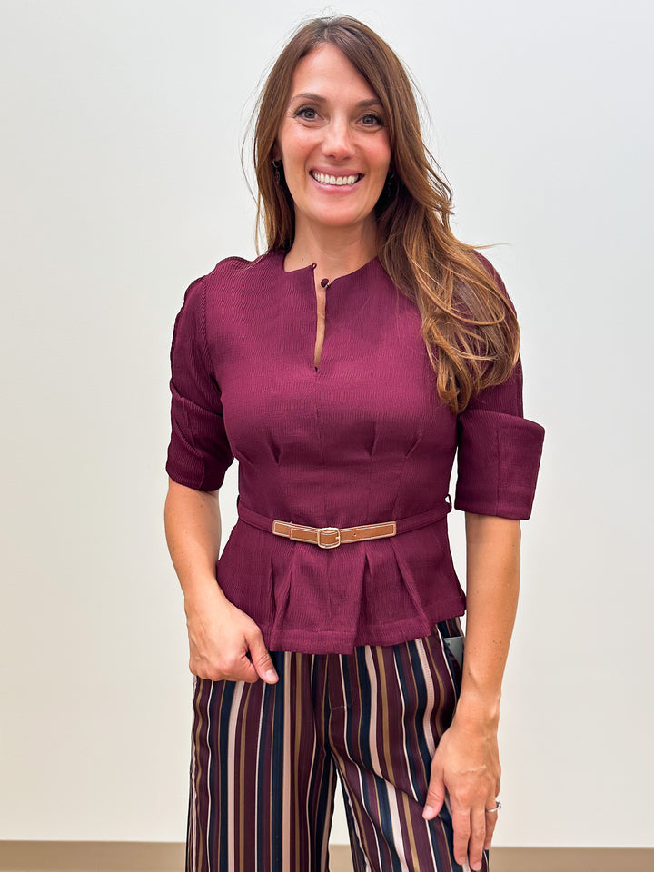 3/4 SLEEVE PINTUCK TOP W/BELT - BORDEAUX