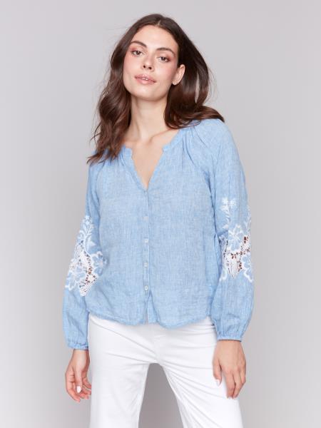 RAGLAN LONG SLEEVES BLOUSE W/EMBROIDERY - CHAMBRAY