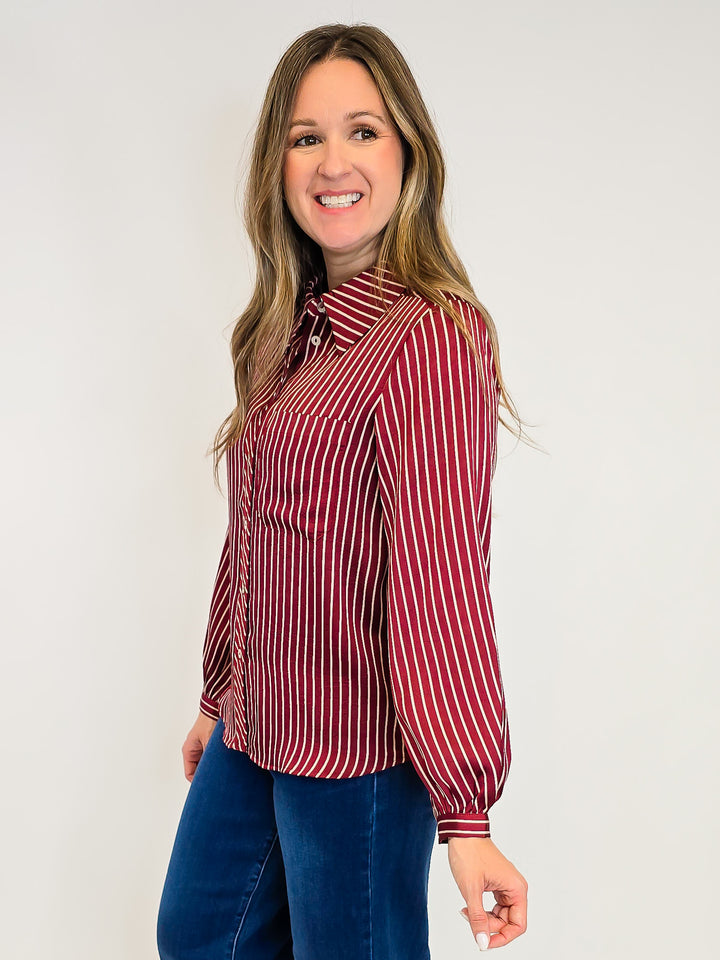 STRIPED BUTTON DOWN BLOUSE - BURGUNDY
