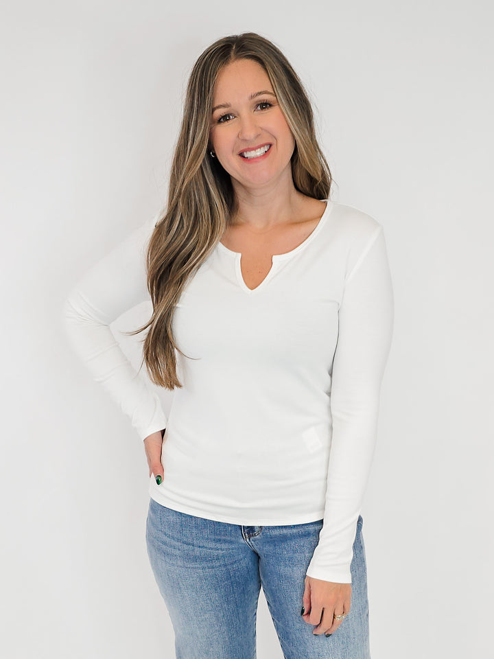 ULTRA SOFT NOTCHED NECK LONG SLEEVE TEE - IVORY