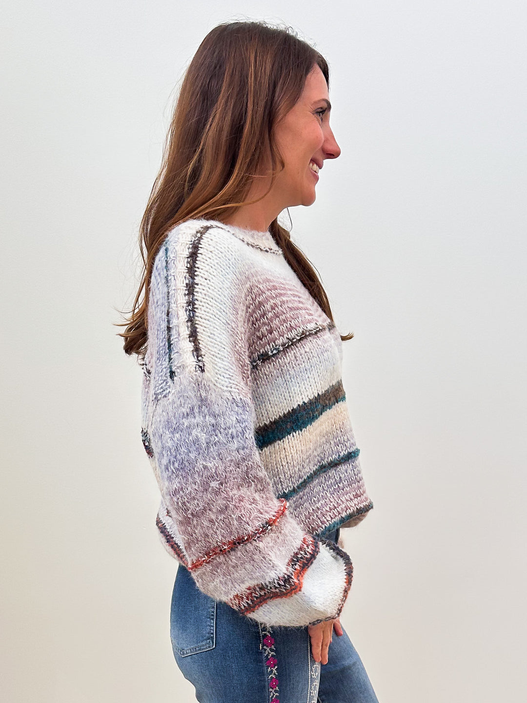 BALLOON SLEEVE MULTICOLOR STRIPED KNIT SWEATER - KHAKI