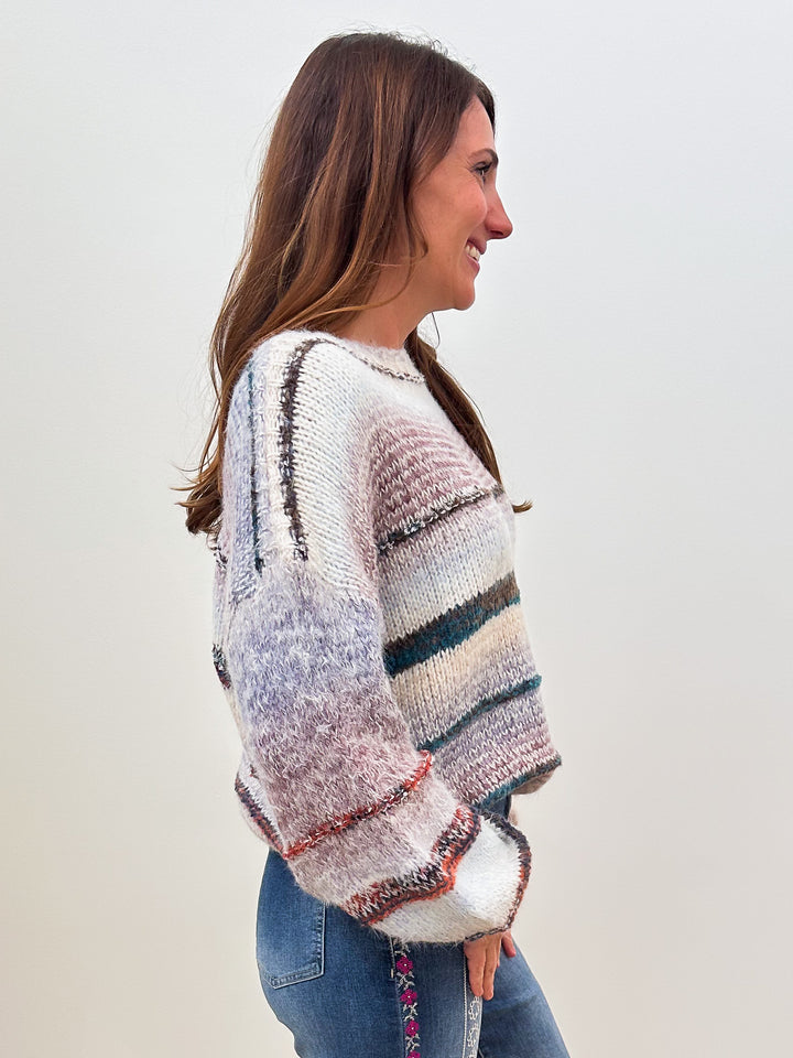 BALLOON SLEEVE MULTICOLOR STRIPED KNIT SWEATER - KHAKI