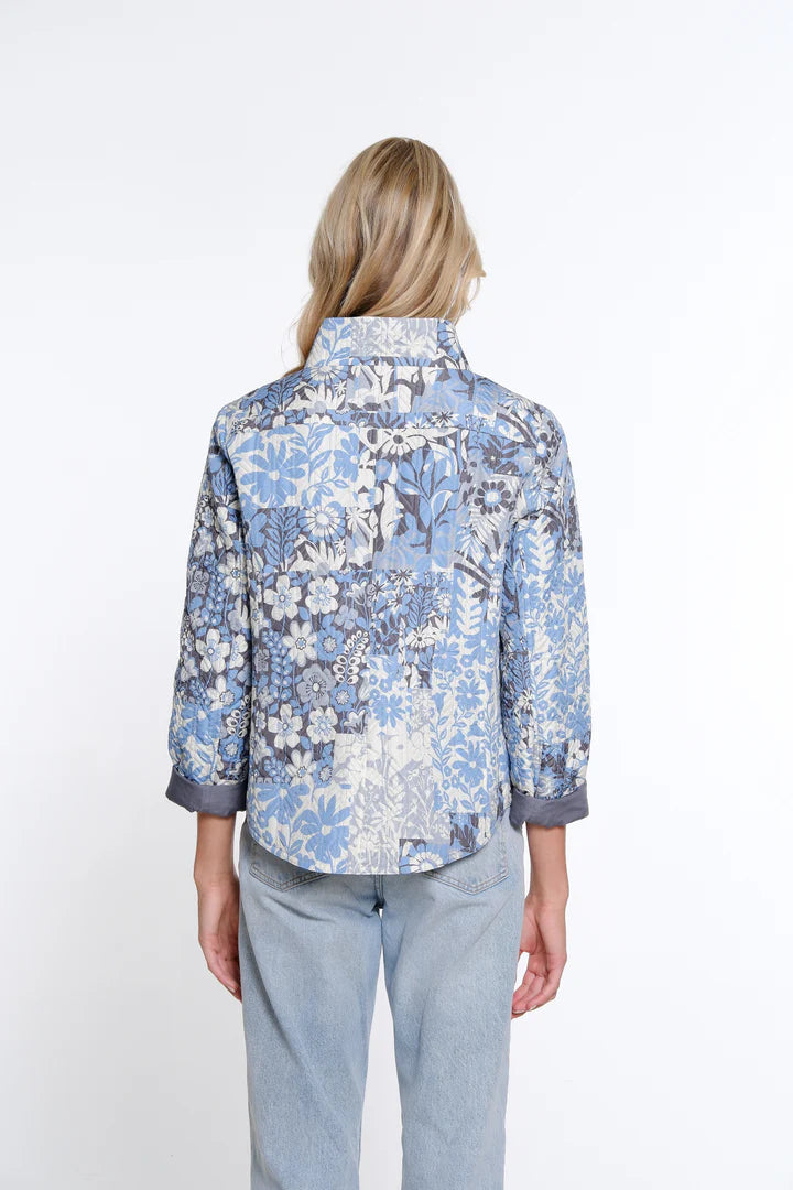 LONG SLEEVE ZIP QUILTED REVERSIBLE JACKET - BLUE/GREY FLORAL