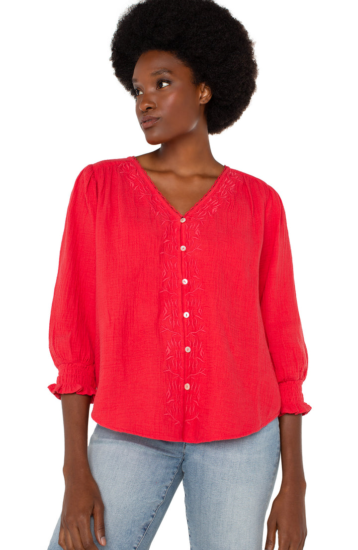 3/4 SLEEVE EMBROIDERED WOVEN BLOUSE - GERANIUM