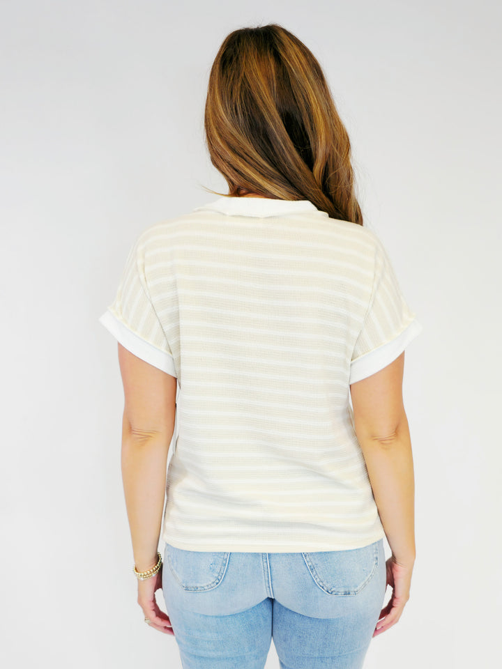 V-NECK BUTTON DETAIL STRIPED TOP - TAUPE