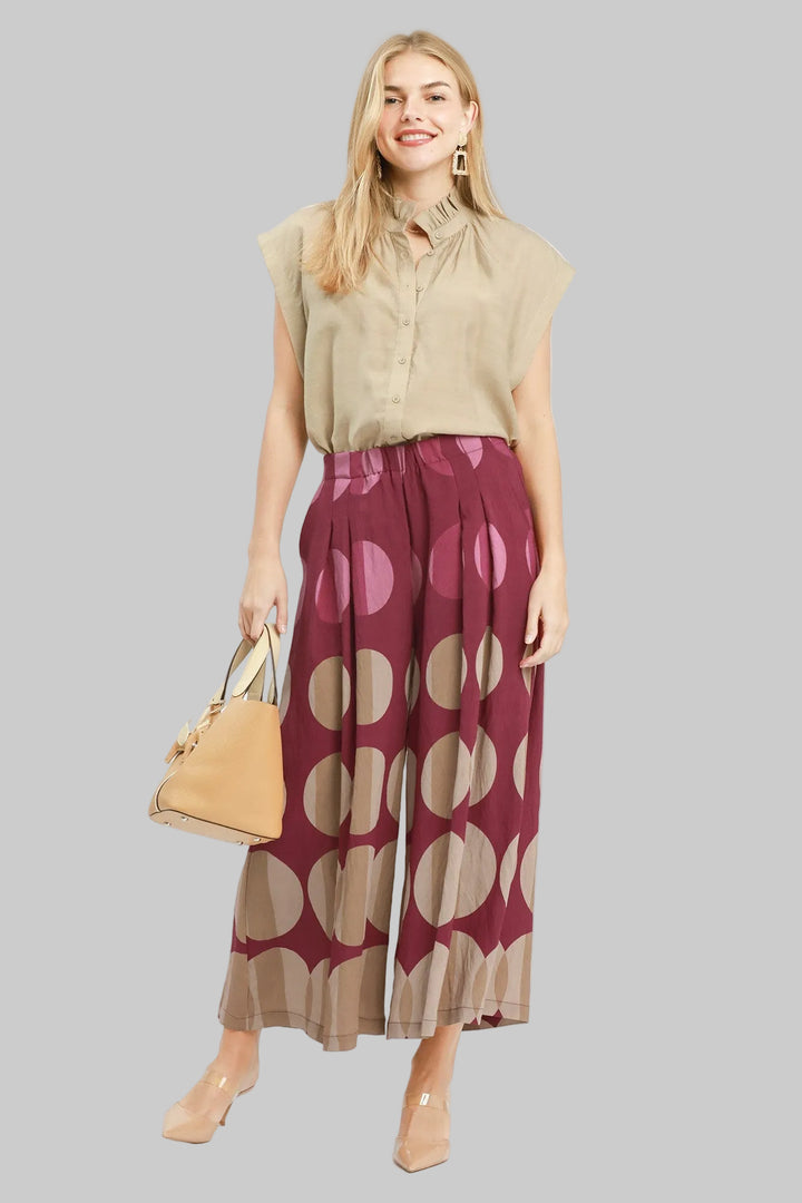 PRINTED WIDE LEG PULL ON CROPPED PANTS - BURGUNDY MIX