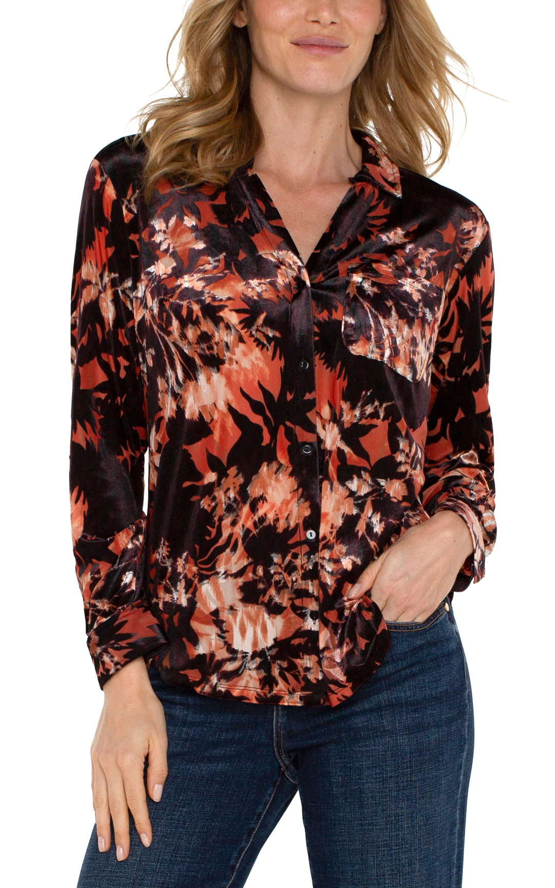 LONG SLEEVE BUTTON FRONT KNIT SHIRT - FIRE OPAL BURNOUT