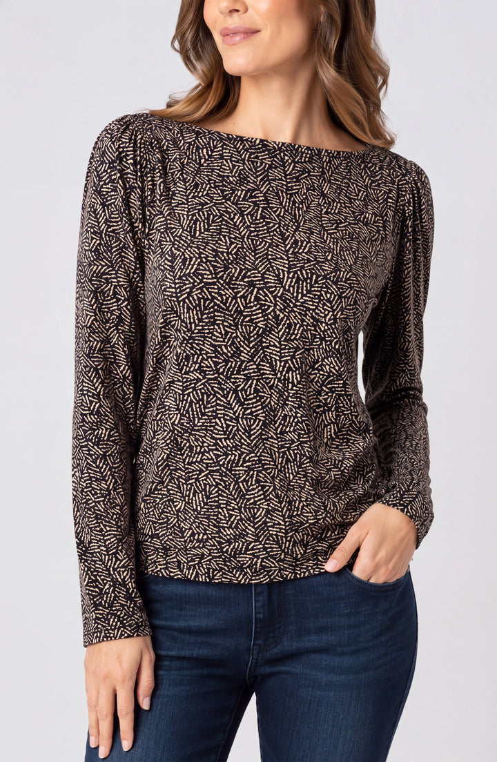LONG SLEEVE JEWEL NECK KNIT TOP W/SHIRRING - TAN/BLACK