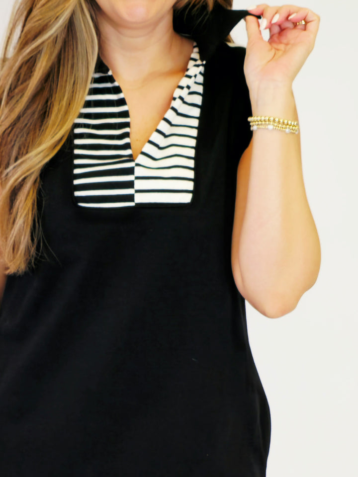 COLLARED KNIT STRIPED COLOR BLOCK DRESS - BLACK