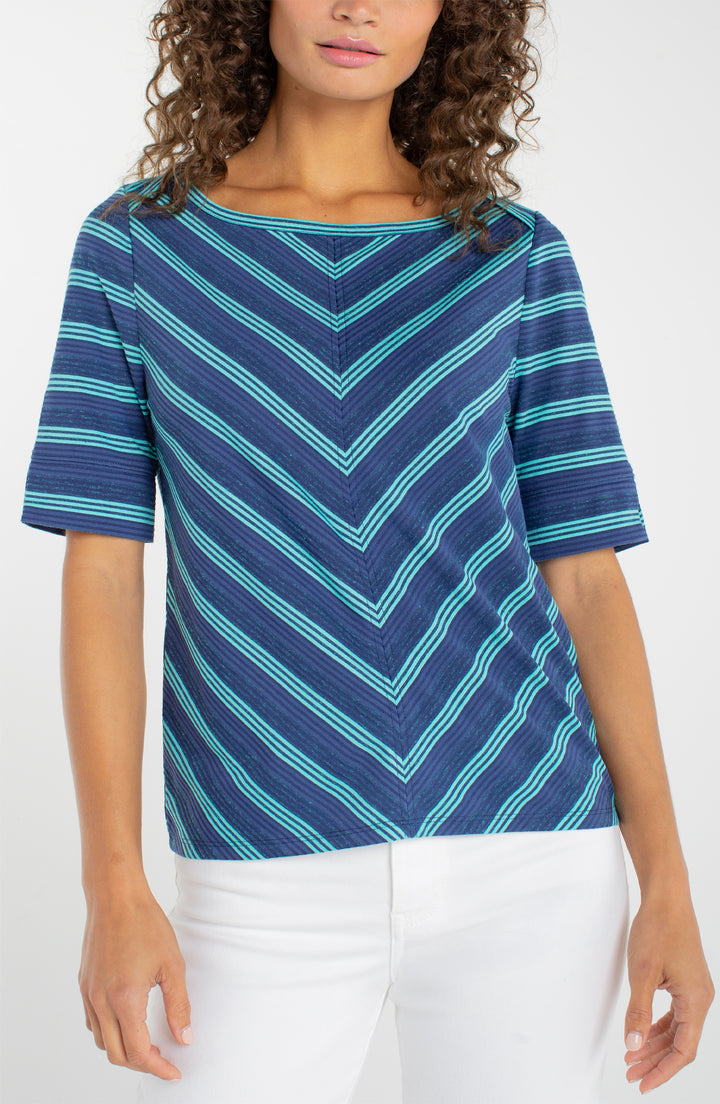 HALF SLEEVE BOAT NECK KNIT MITER TOP - NAVY/TEAL STRIPE