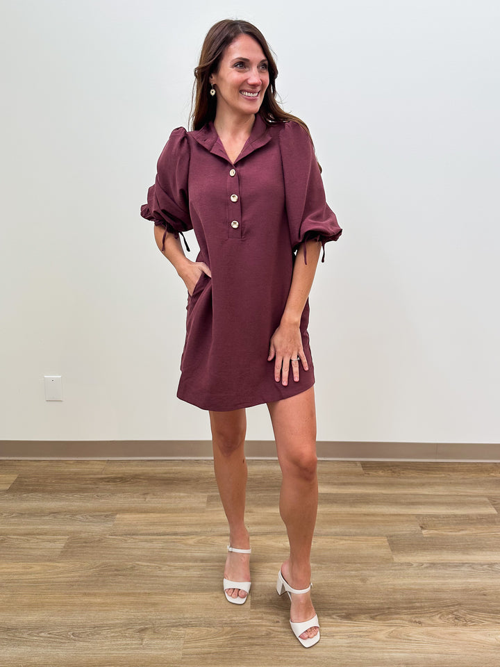 SOLID 3/4 BALLOON SLEEVE BUTTON DETAIL SHORT DRESS - MERLOT