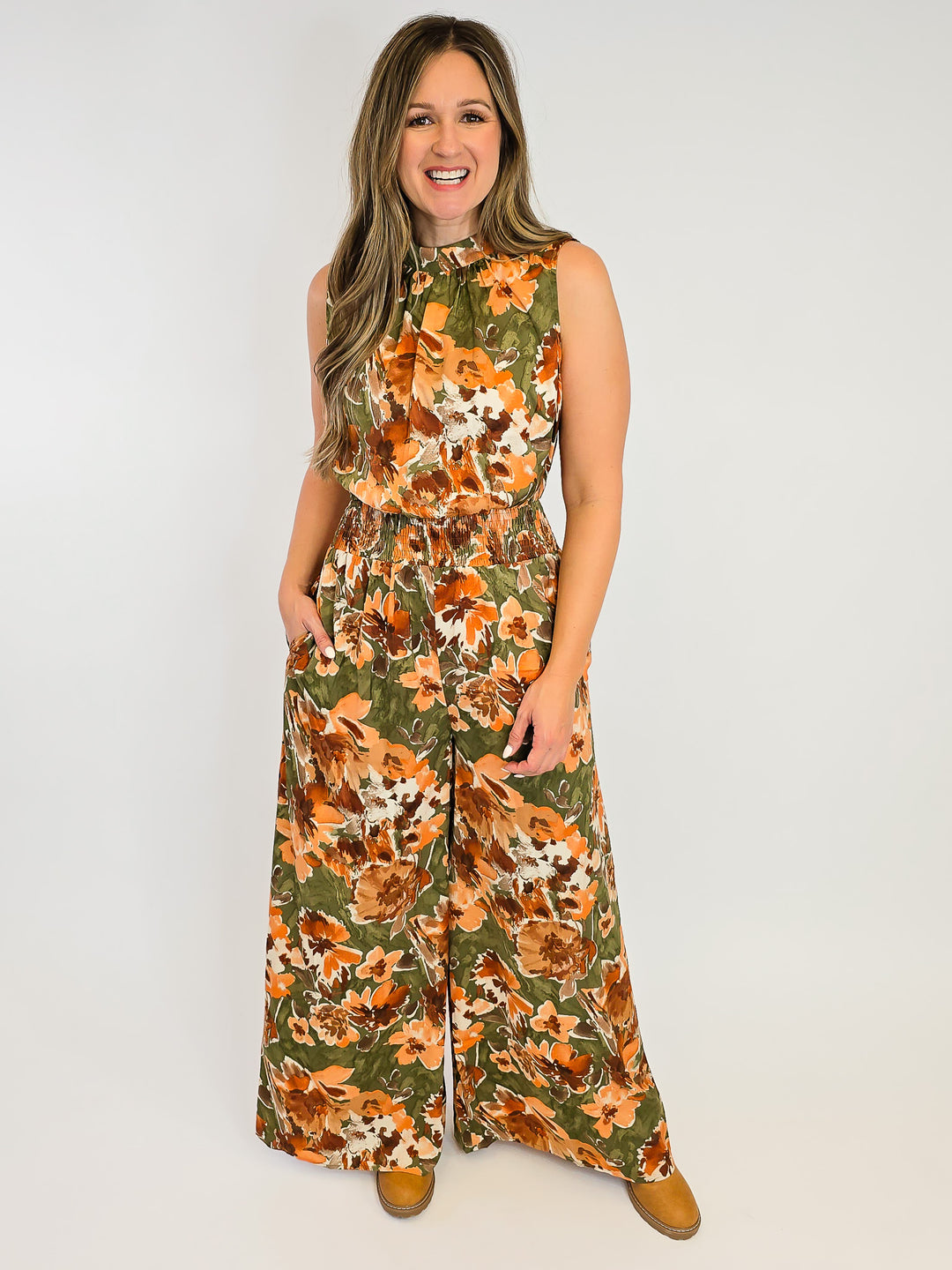 SLEEVELESS PRINTED MIRABELLE SATIN JUMPSUIT - OLIVE