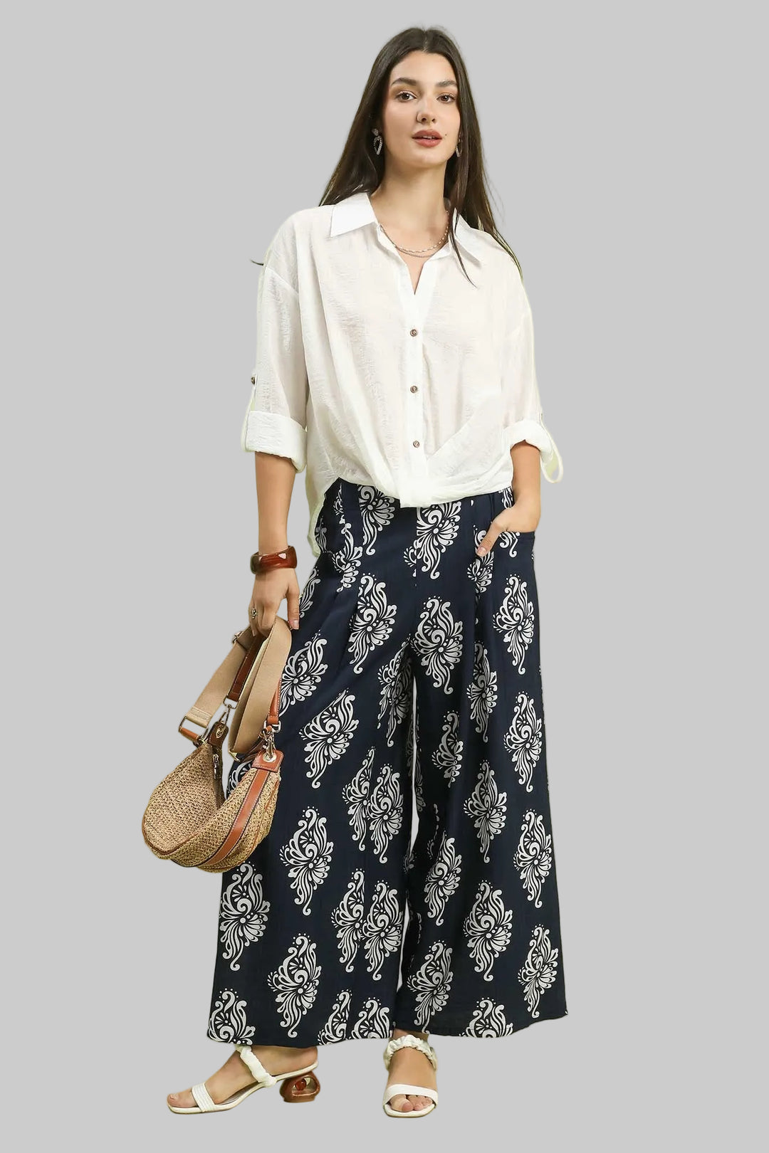 ABSTRACT PRINT WIDE LEG PANTS - NAVY