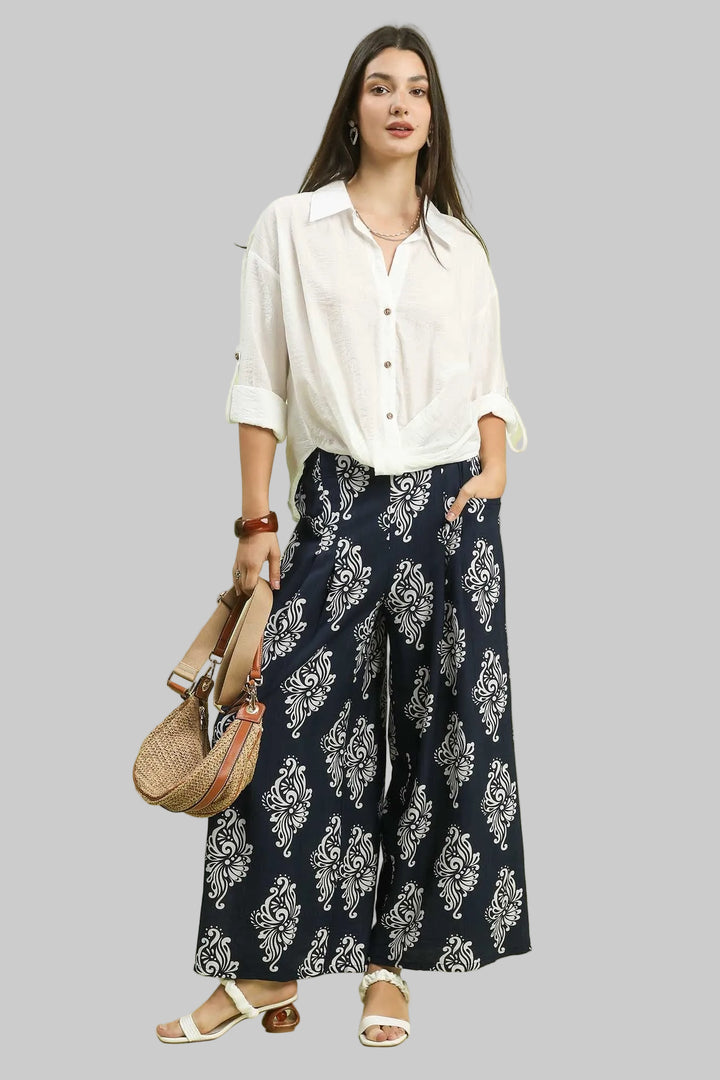 ABSTRACT PRINT WIDE LEG PANTS - NAVY