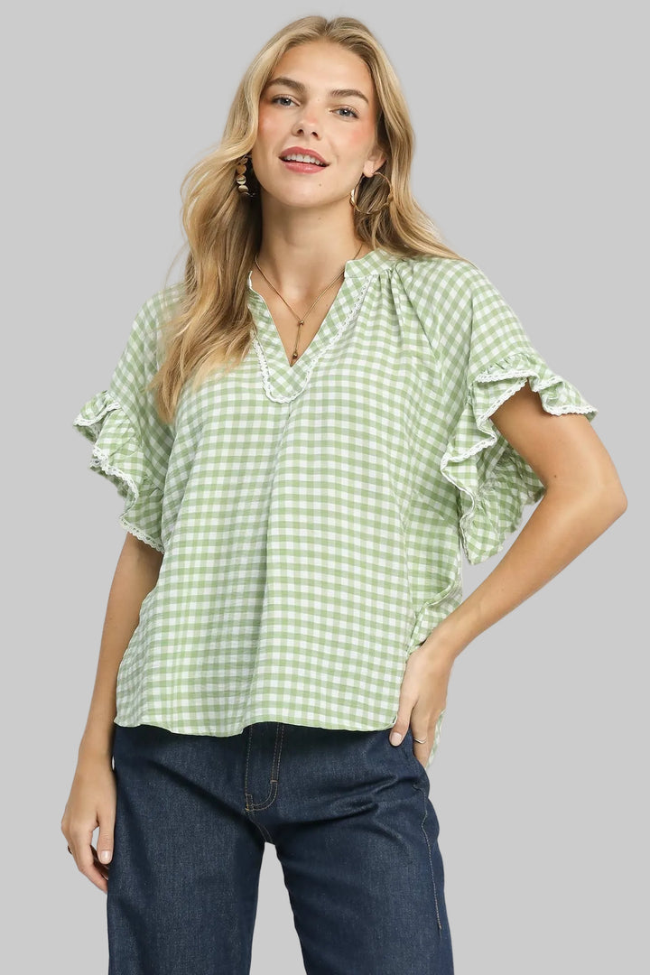 TULIP RUFFLE SLEEVE GINGHAM TOP W/LACE TRIM - SAGE