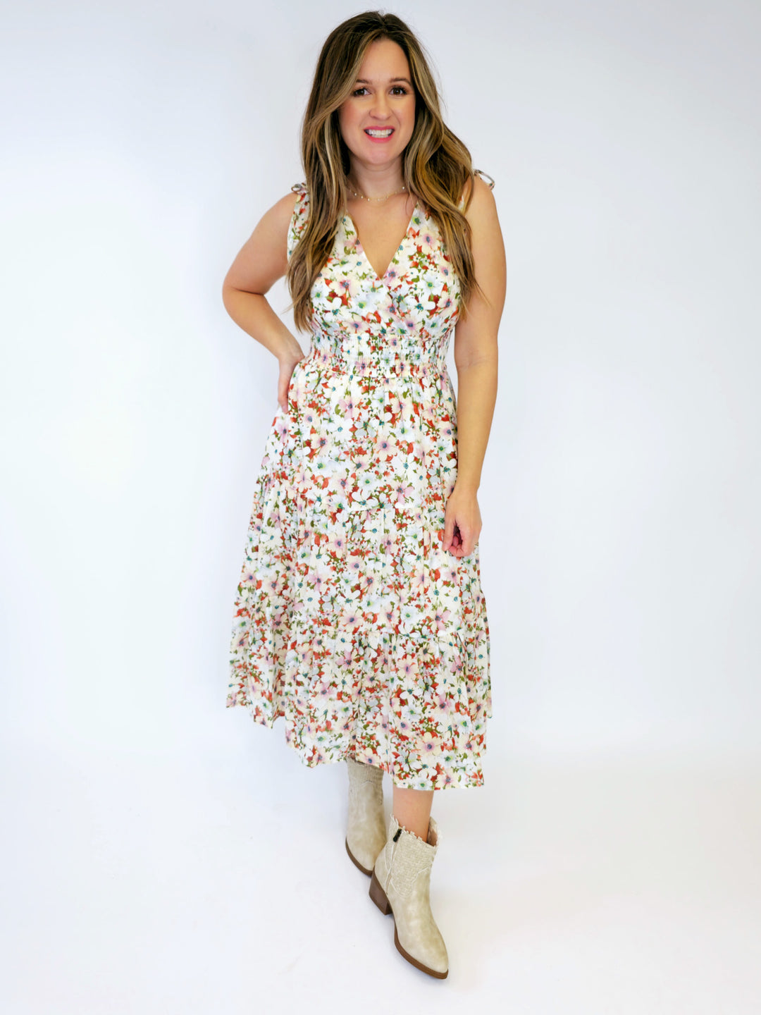 FLORAL V-NECK MIDI DRESS - POPPY