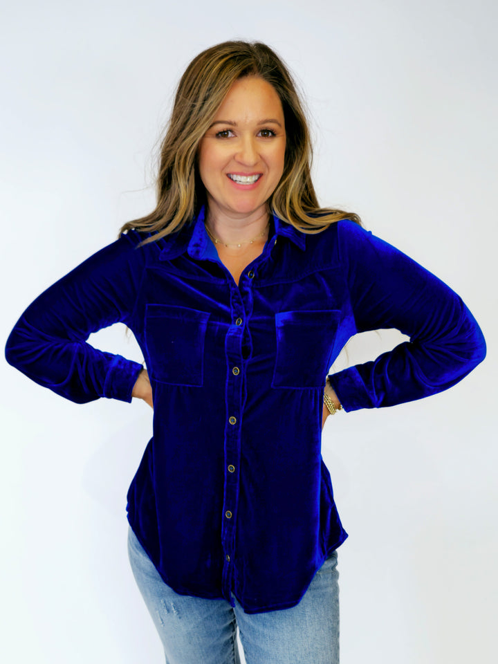 VELVET COLLARED BUTTON DOWN TOP - SAPPHIRE