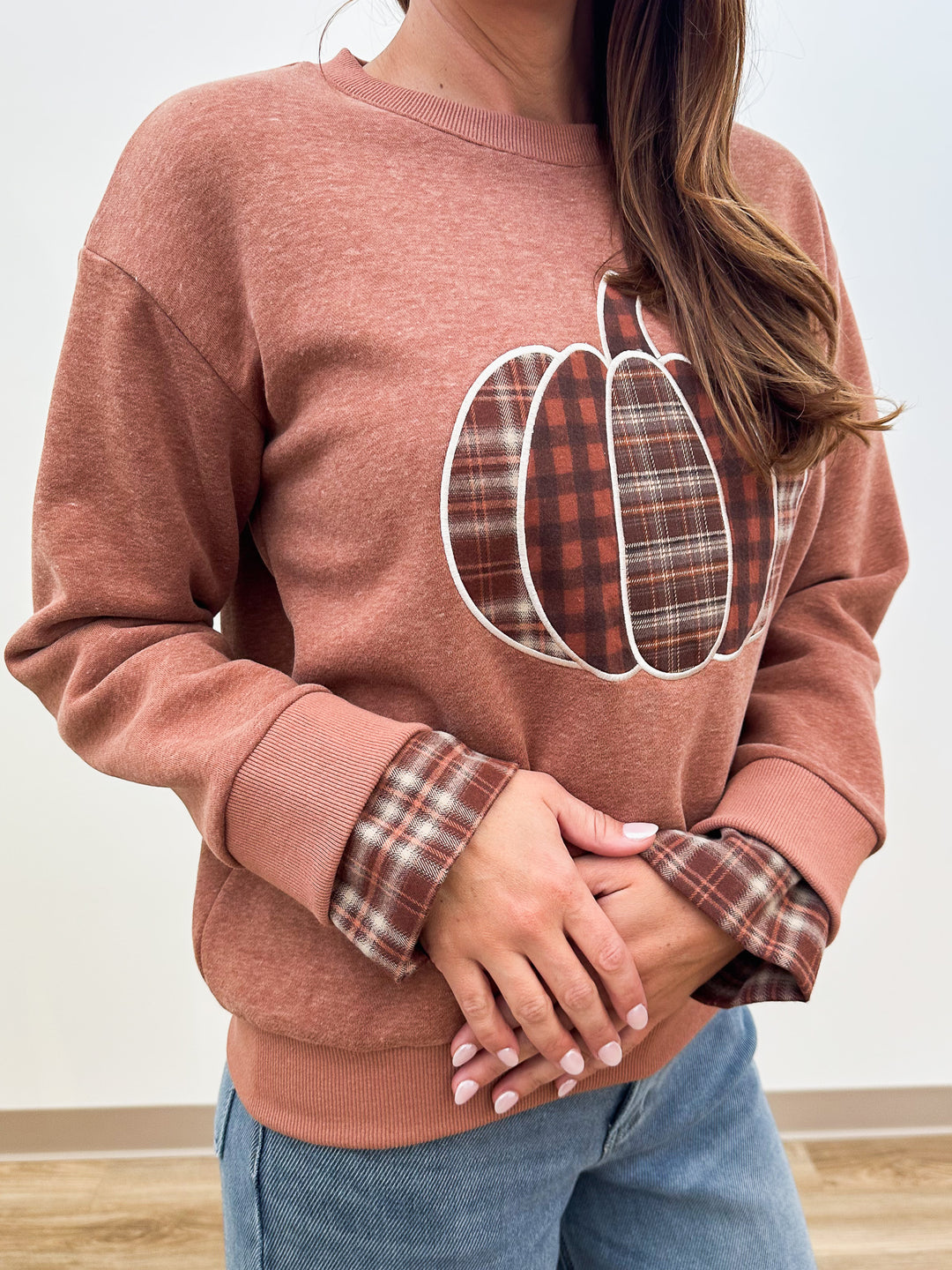 L/S PUMPKIN PATCHWORK TOP - CINNAMON