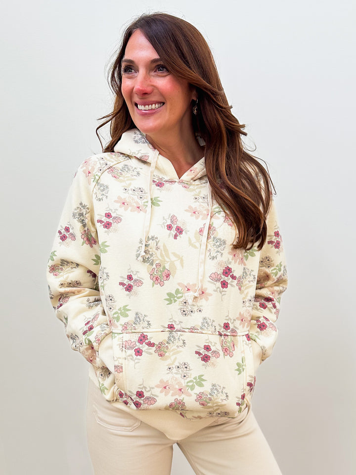 BRUSHED TERRY FLORAL HOODIE PULLOVER - ECRU
