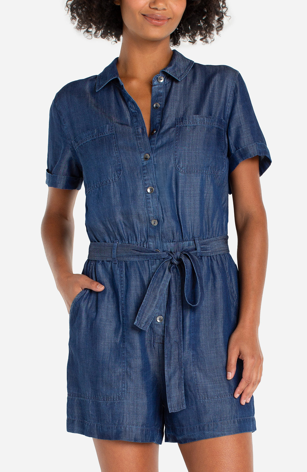 SHORT SLEEVE ROMPER W/SELF TIE - SERENE DARK