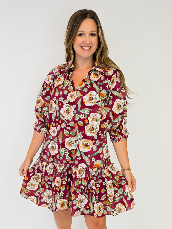 FLORAL DROP WAIST SHIRT DRESS - BURGUNDY