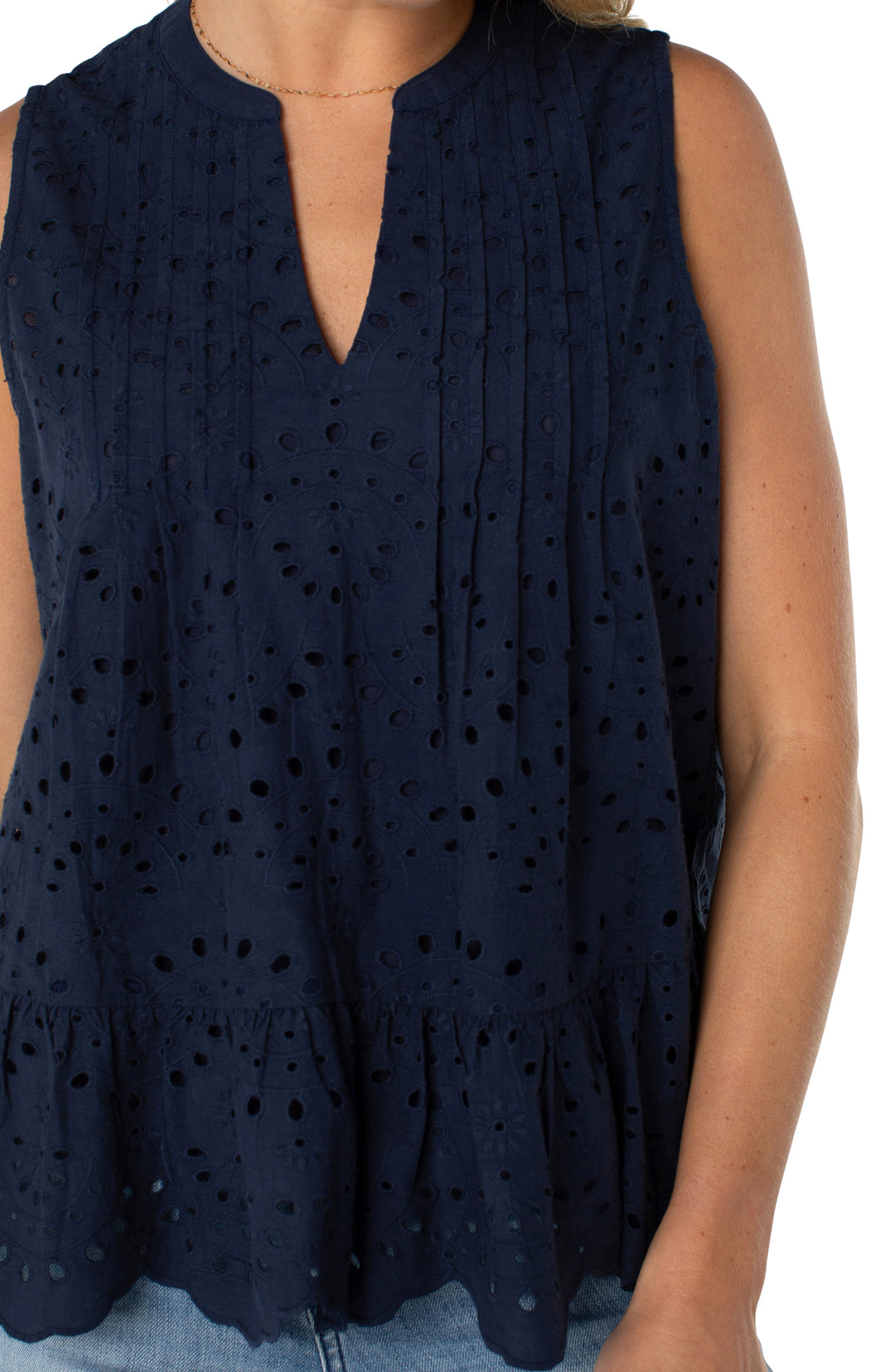 SLEEVELESS PINTUCK WOVEN TOP - NAVY