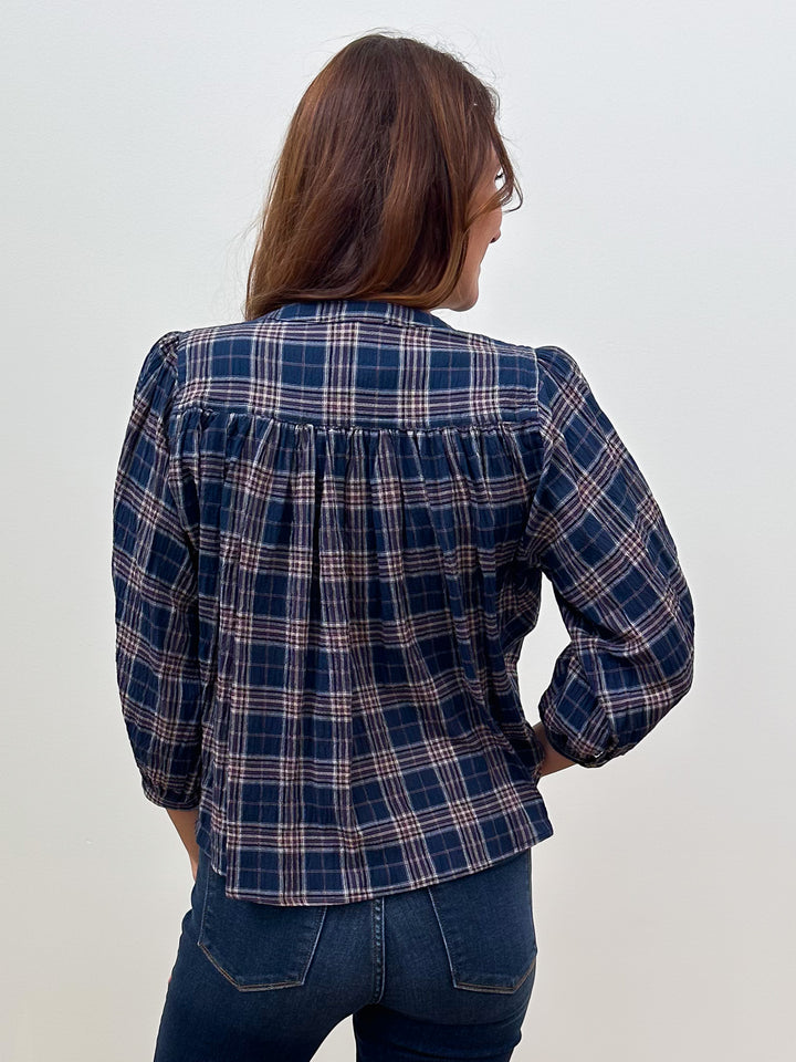 BUBBLE SLEEVE PLAID BUTTON DOWN BLOUSE - NAVY