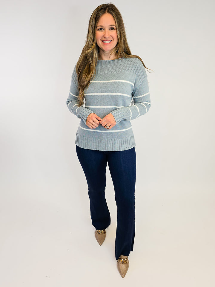 BOAT NECK STRIPED SWEATER - DUSTY BLUE