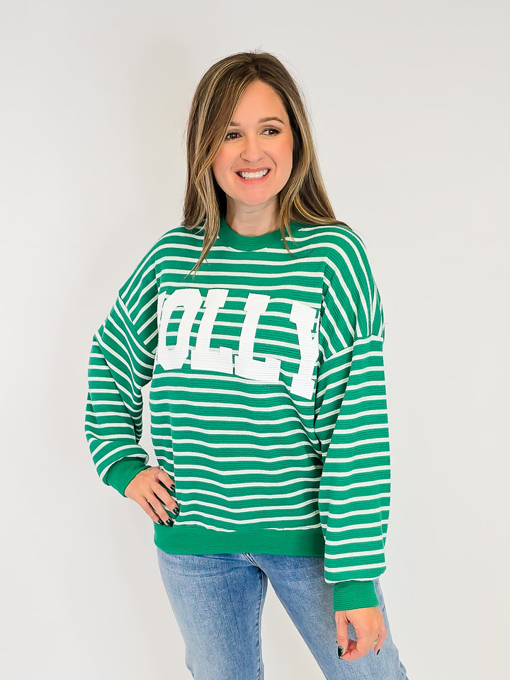 'JOLLY' STRIPE LONG SLEEVE GRAPHIC SWEATSHIRT - GREEN