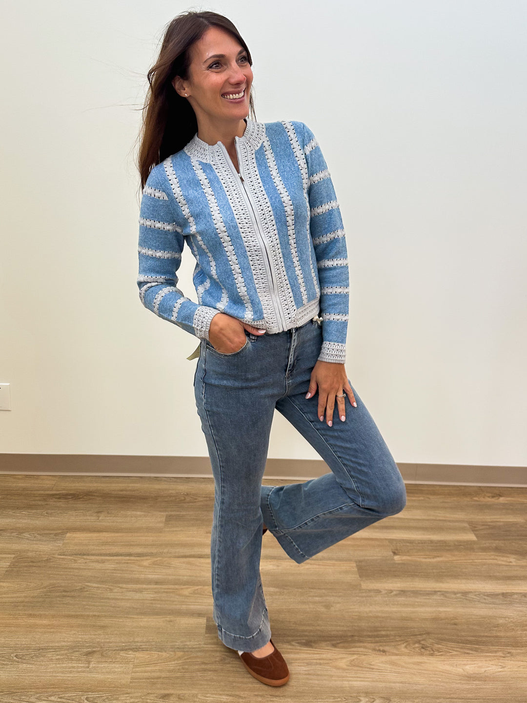 L/S ZIP UP STRIPED CARDIGAN - BLUE