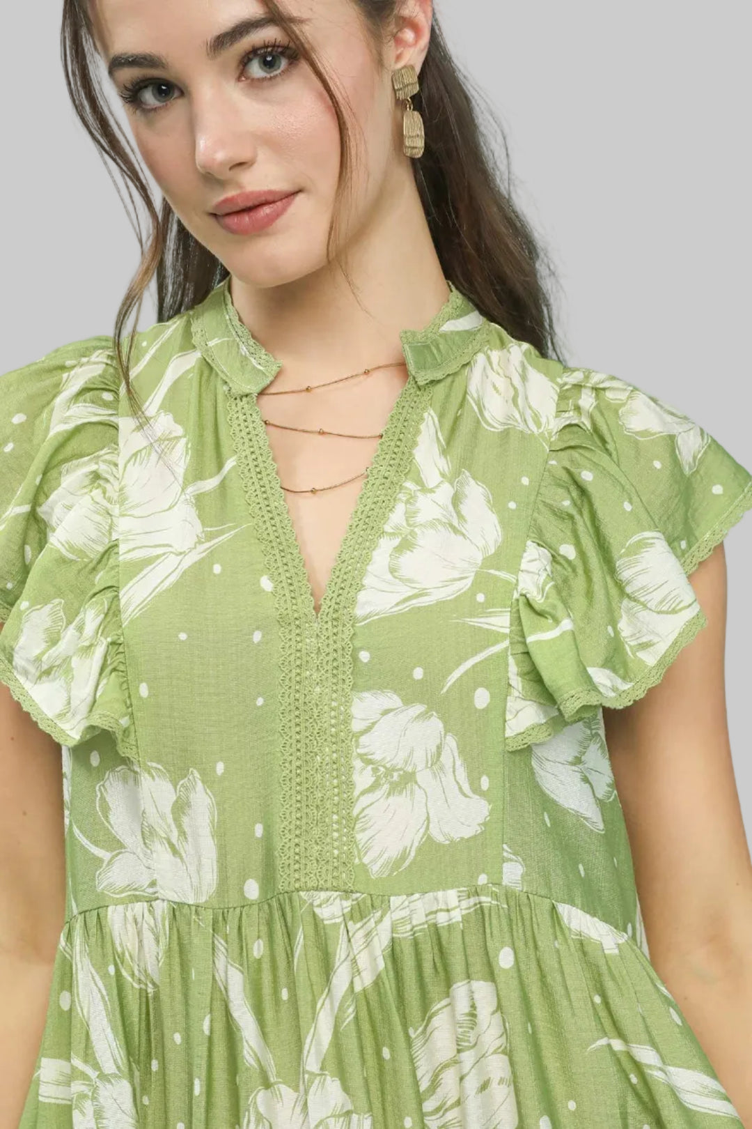 TWO TONE FLORAL PRINT MIDI DRESS - SAGE/CREAM