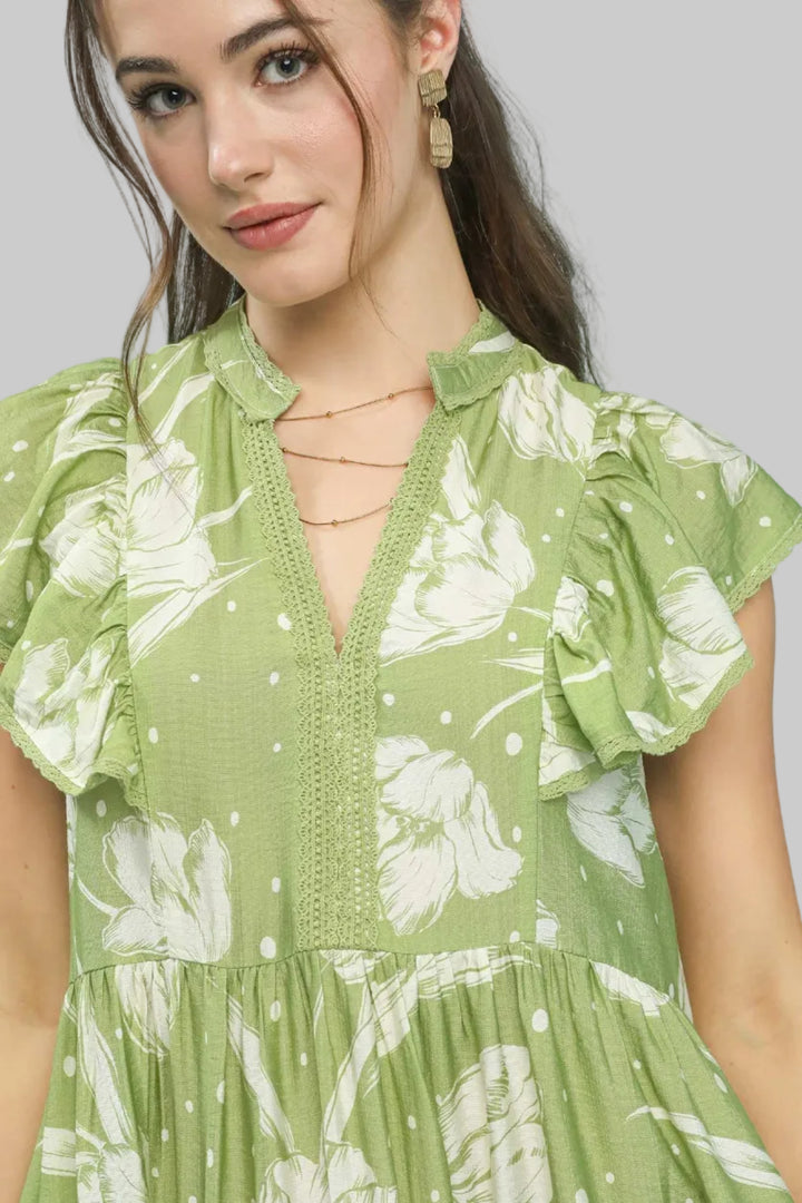 TWO TONE FLORAL PRINT MIDI DRESS - SAGE/CREAM