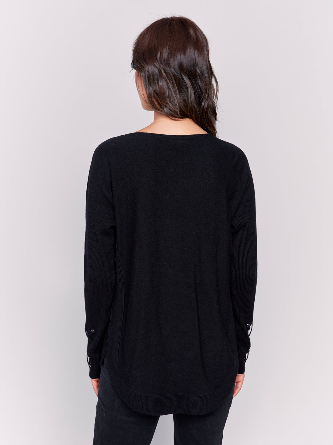 LACE-UP DETAIL SWEATER W/POCKETS - BLACK