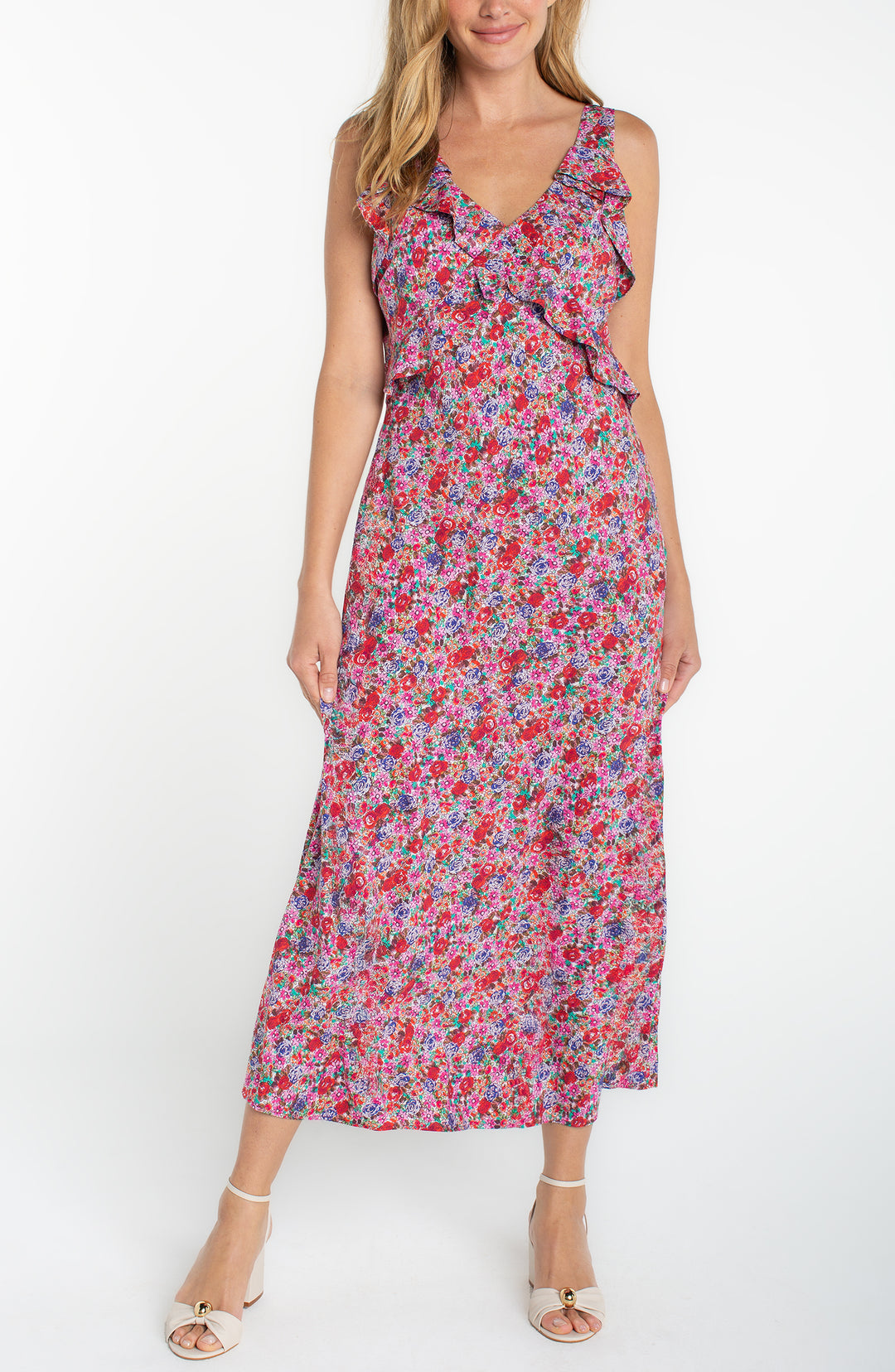 SLEEVELESS RUFFLE FRONT WOVEN MAXI DRESS - PINK MULTI
