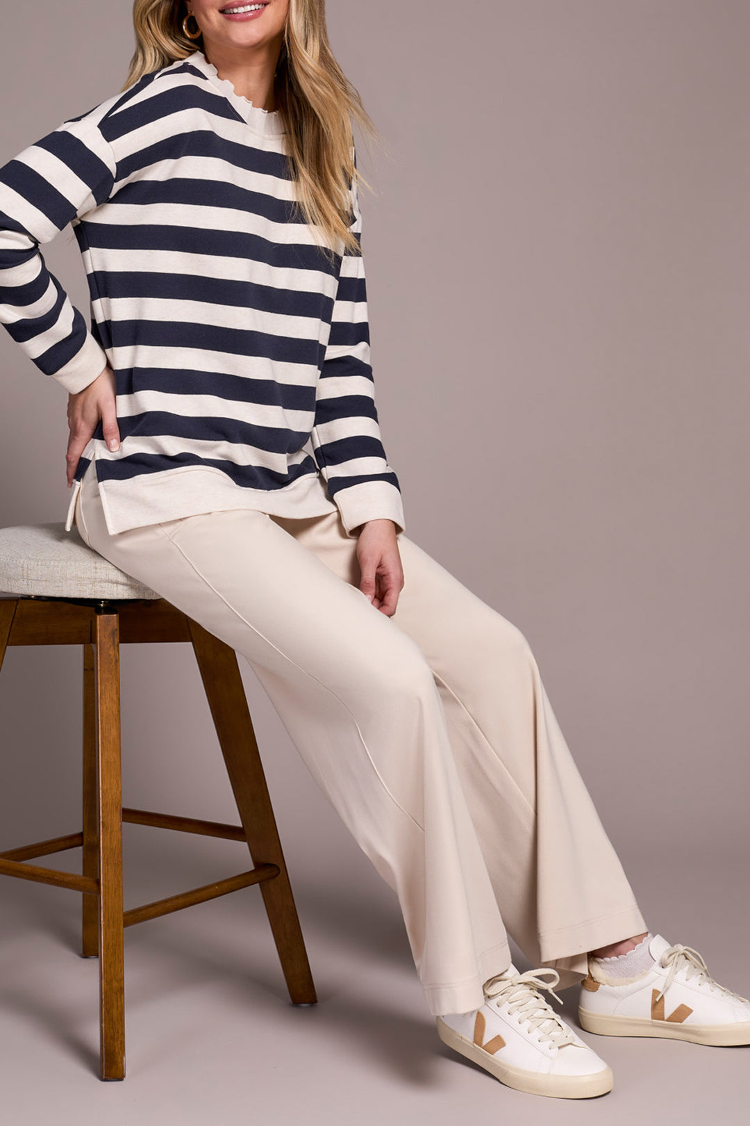LONG SLEEVE CREW NECK TOP W/RIB DETAIL - SAPPHIRE