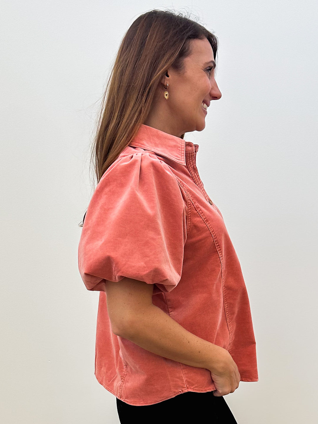 BUBBLE SLEEVE STRIPED MINERAL WASHED DENIM SHIRT - RUST