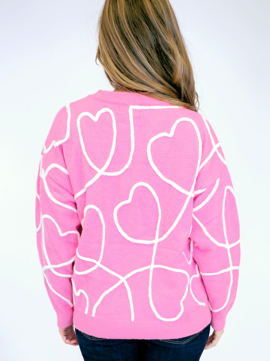 LONG SLEEVE EMBROIDERED HEARTS SWEATER - CANDY PINK