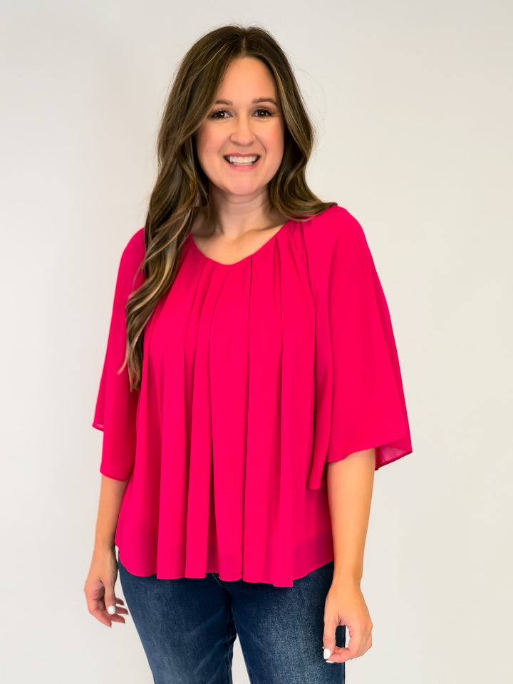 3/4 RUFFLE SLEEVE PLEATED BOXY TOP - MAGENTA