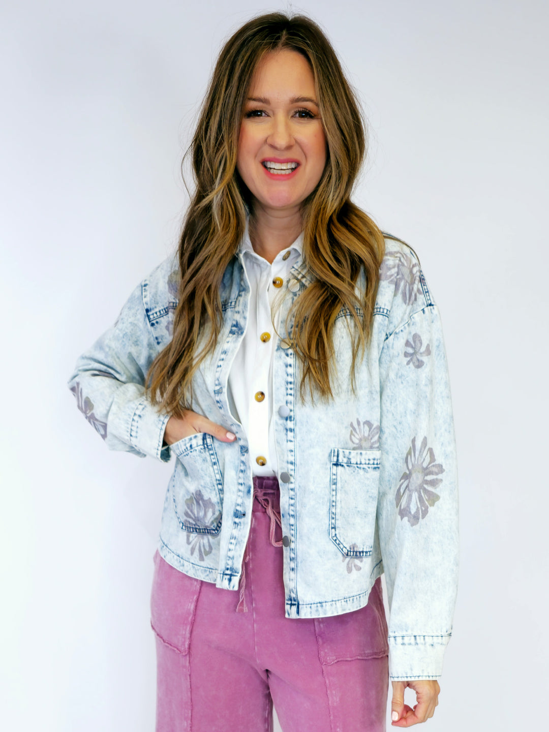 FLORAL PRINTED DENIM SHACKET - WASHED BLUE