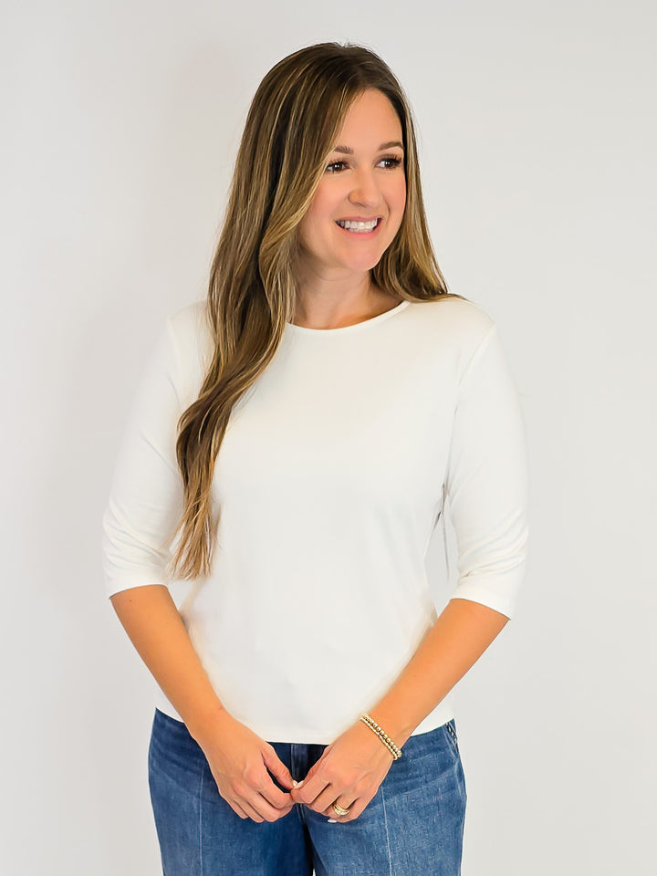 ELBOW SLEEVE SOLID KNIT TOP - IVORY