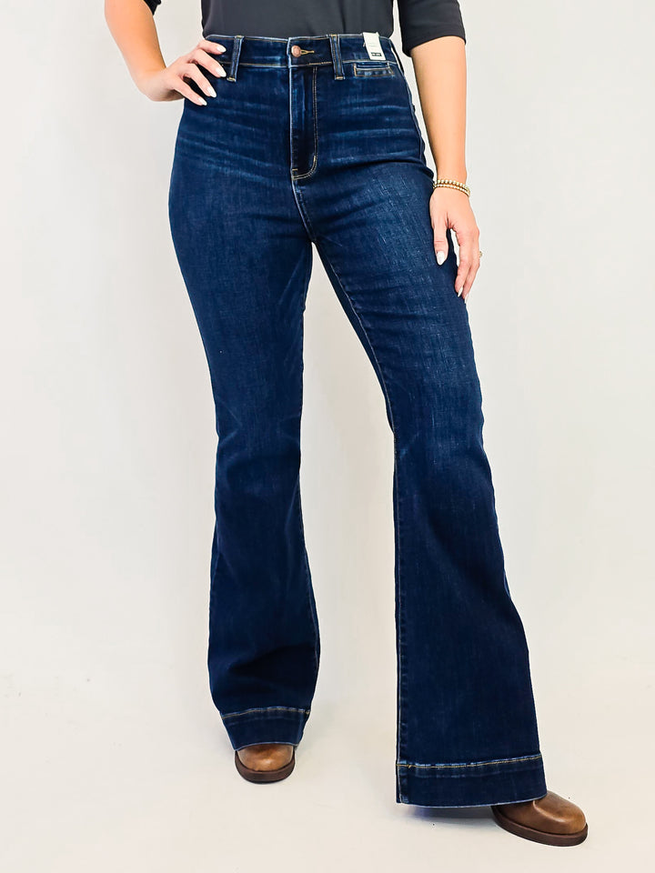 JUDY BLUE HW TROUSER FLARE JEANS - 32" INSEAM - DARK WASH