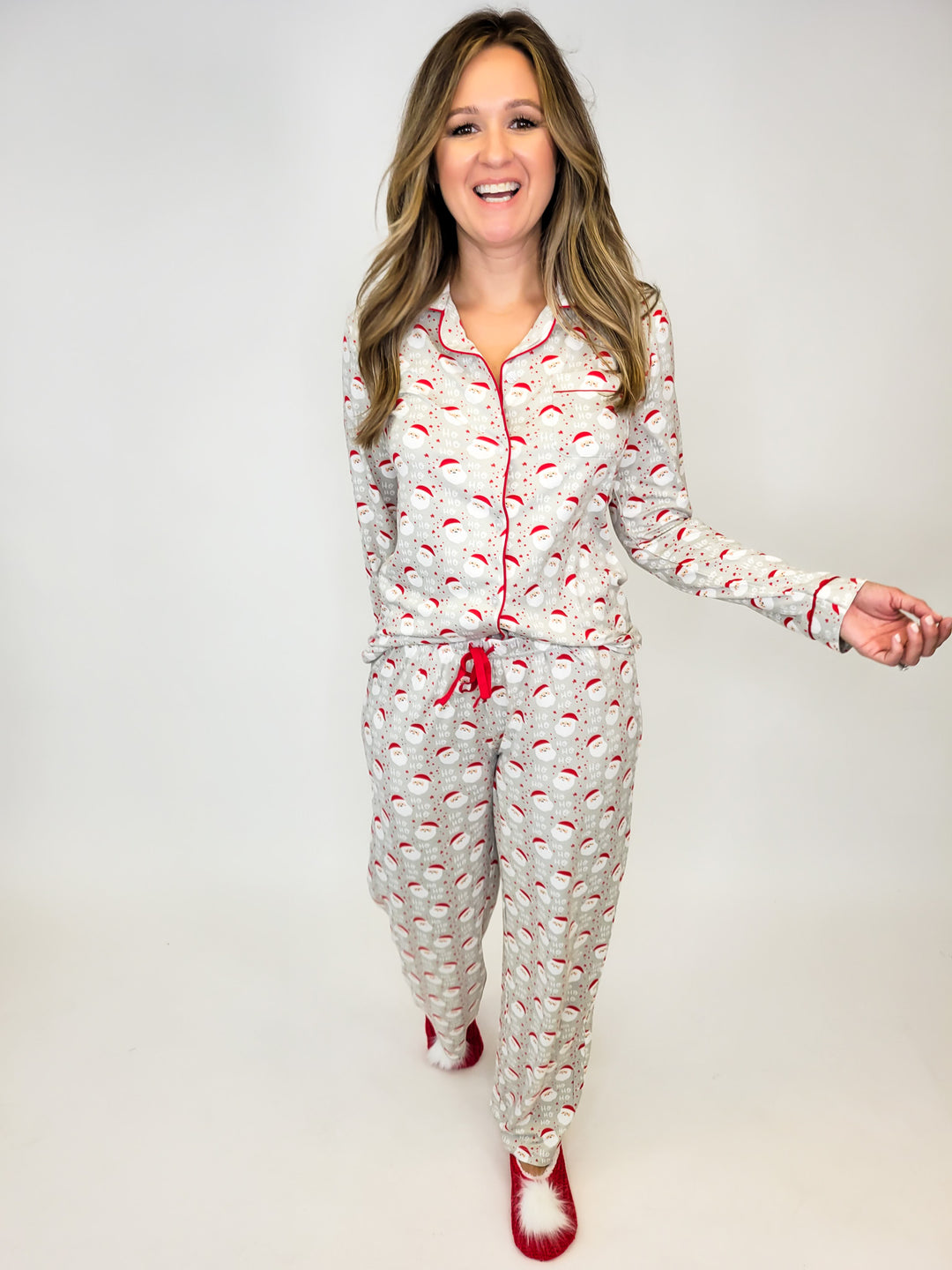 CHEERFUL SANTA PJ PANTS - GREY/RED