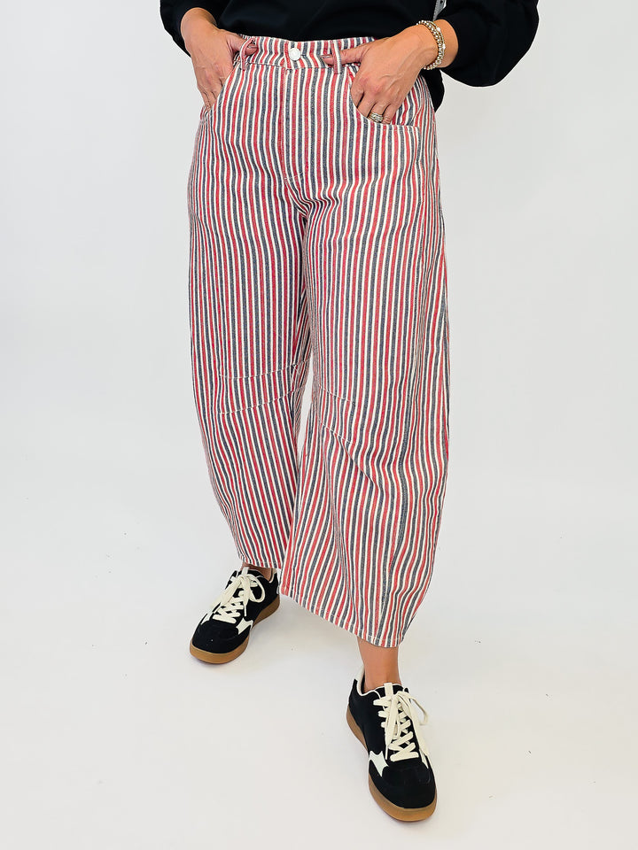 MINERAL WASH STRIPED BARREL LEG JEANS - ROUGE SAIL