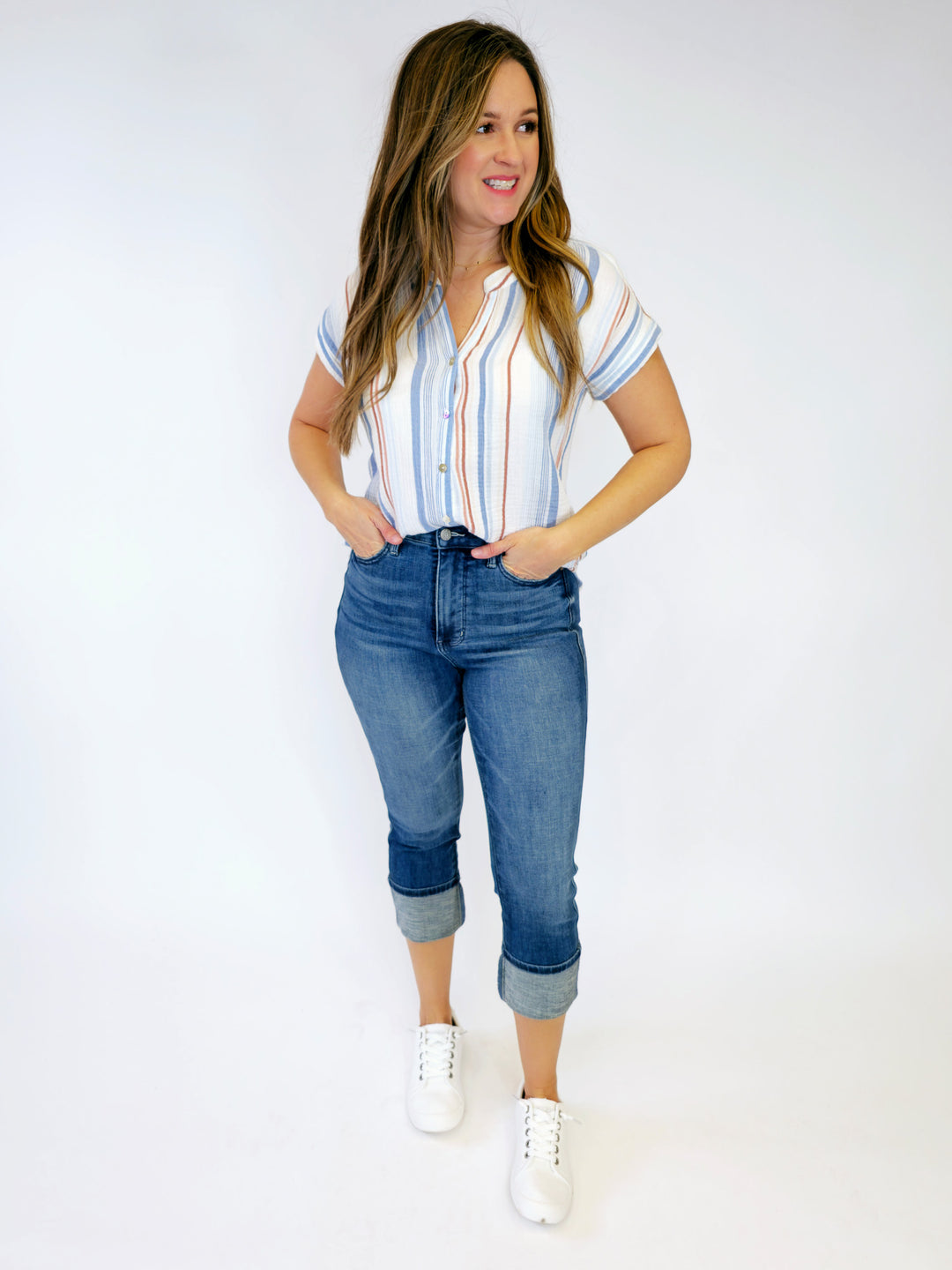 STRIPED GAUZY BUTTON UP CAP SLEEVE TOP - CHAMBRAY