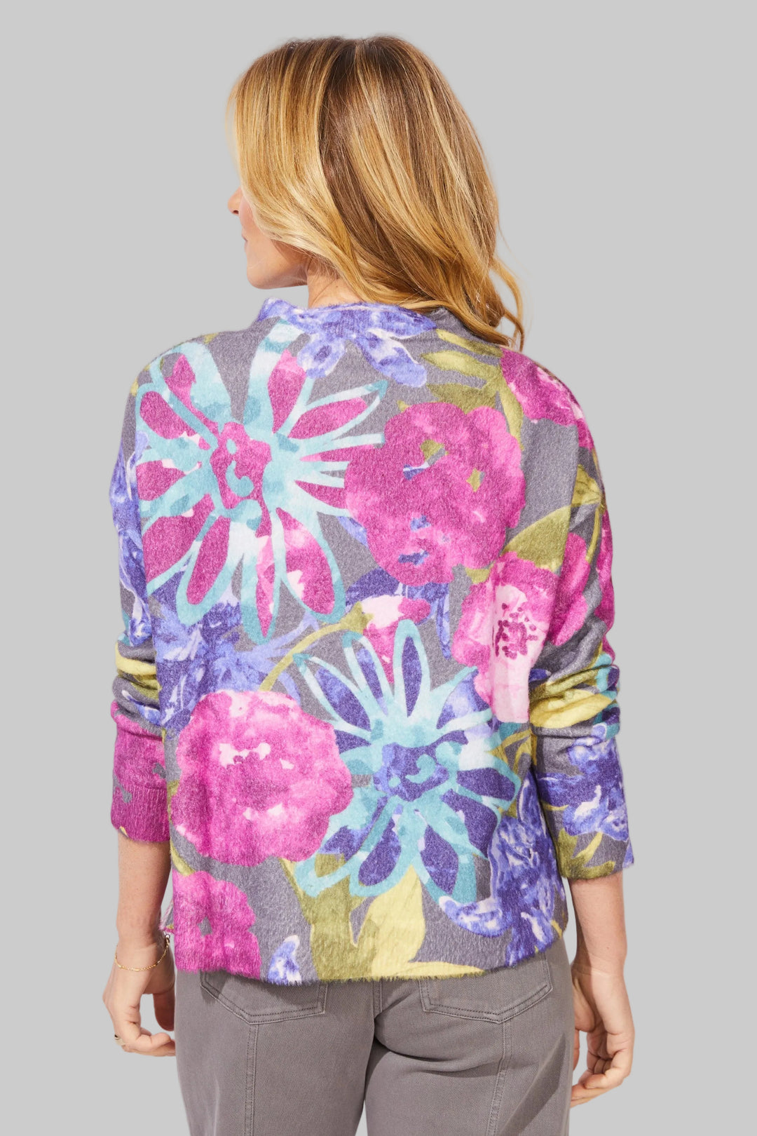 L/S ROLL NECK COZY BLOOM SWEATER - FUCHSIA/BLUE