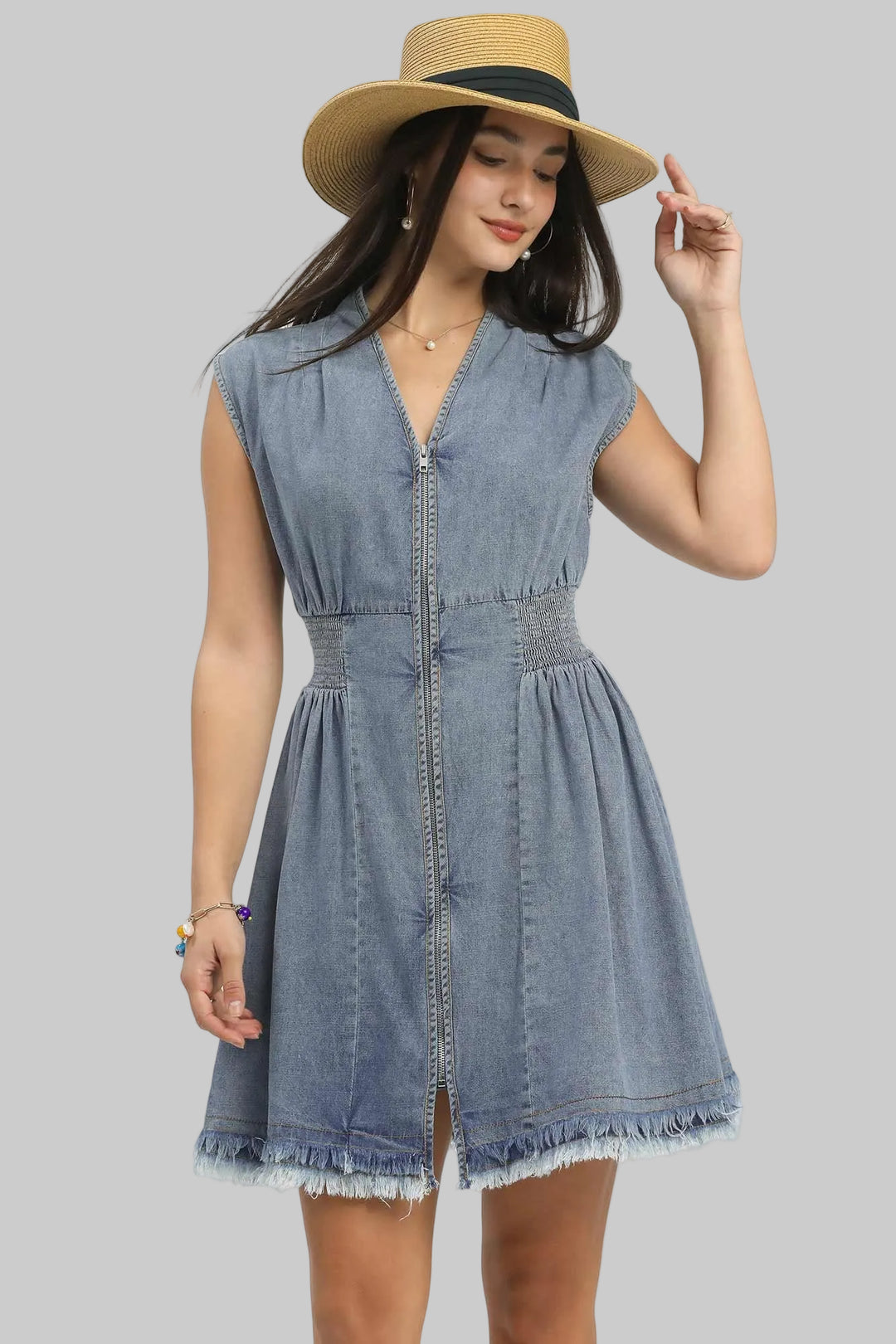 STONE WASHED DENIM SHORT DRESS W/ZIPPER - LIGHT DENIM