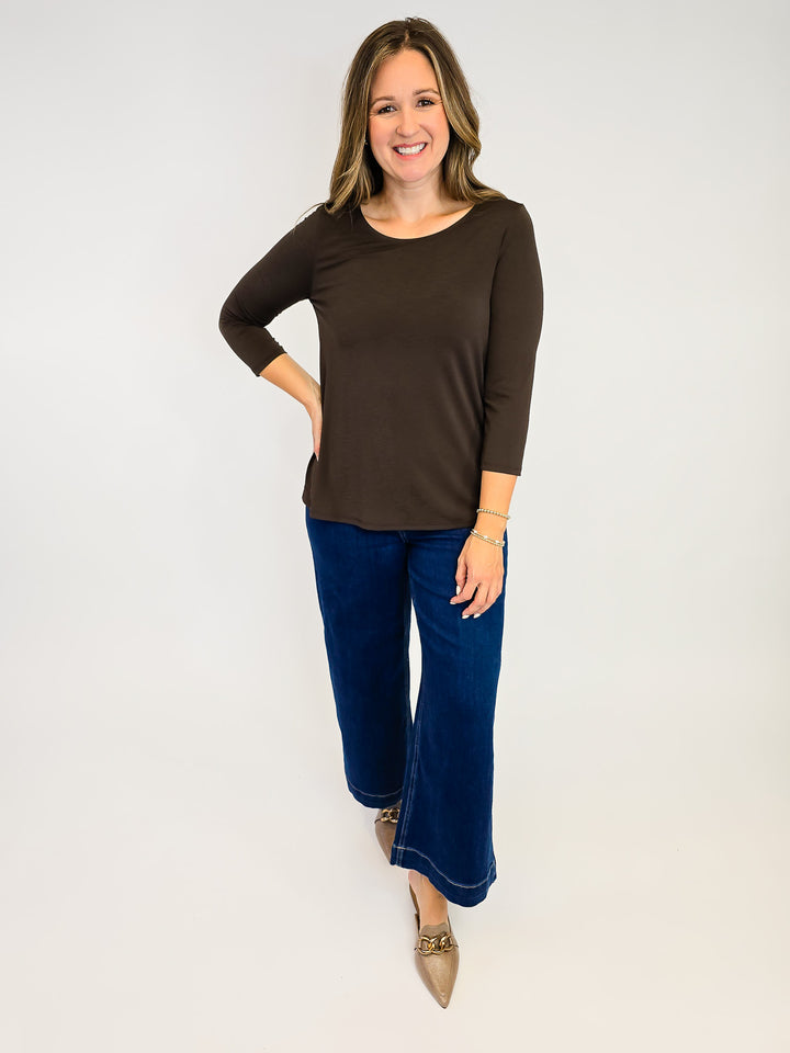 DEAR SCARLETT ROUND NECK 3/4 SLEEVE TOP - CHOCOLATE