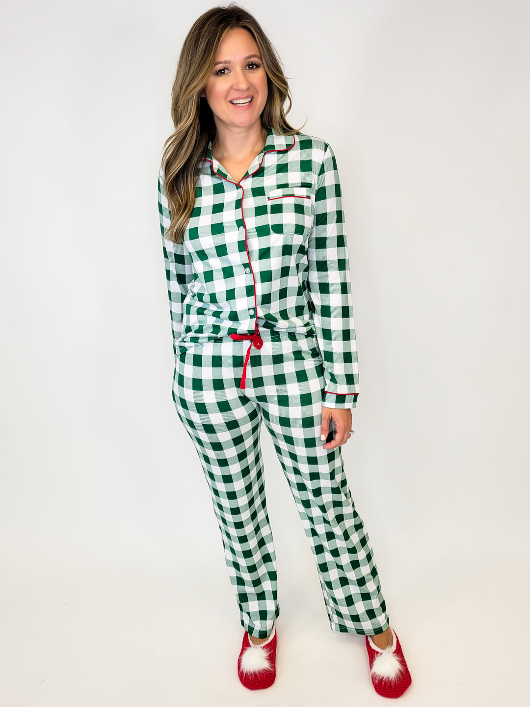 HOLIDAY GINGHAM BUTTON UP PJ SHIRT - RED/GREEN