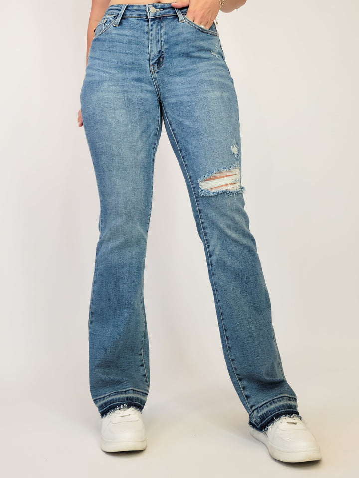 JUDY BLUE MIDRISE RELEASED HEM DISTRESSED BOOTCUT- MEDIUM - 32" INSEAM