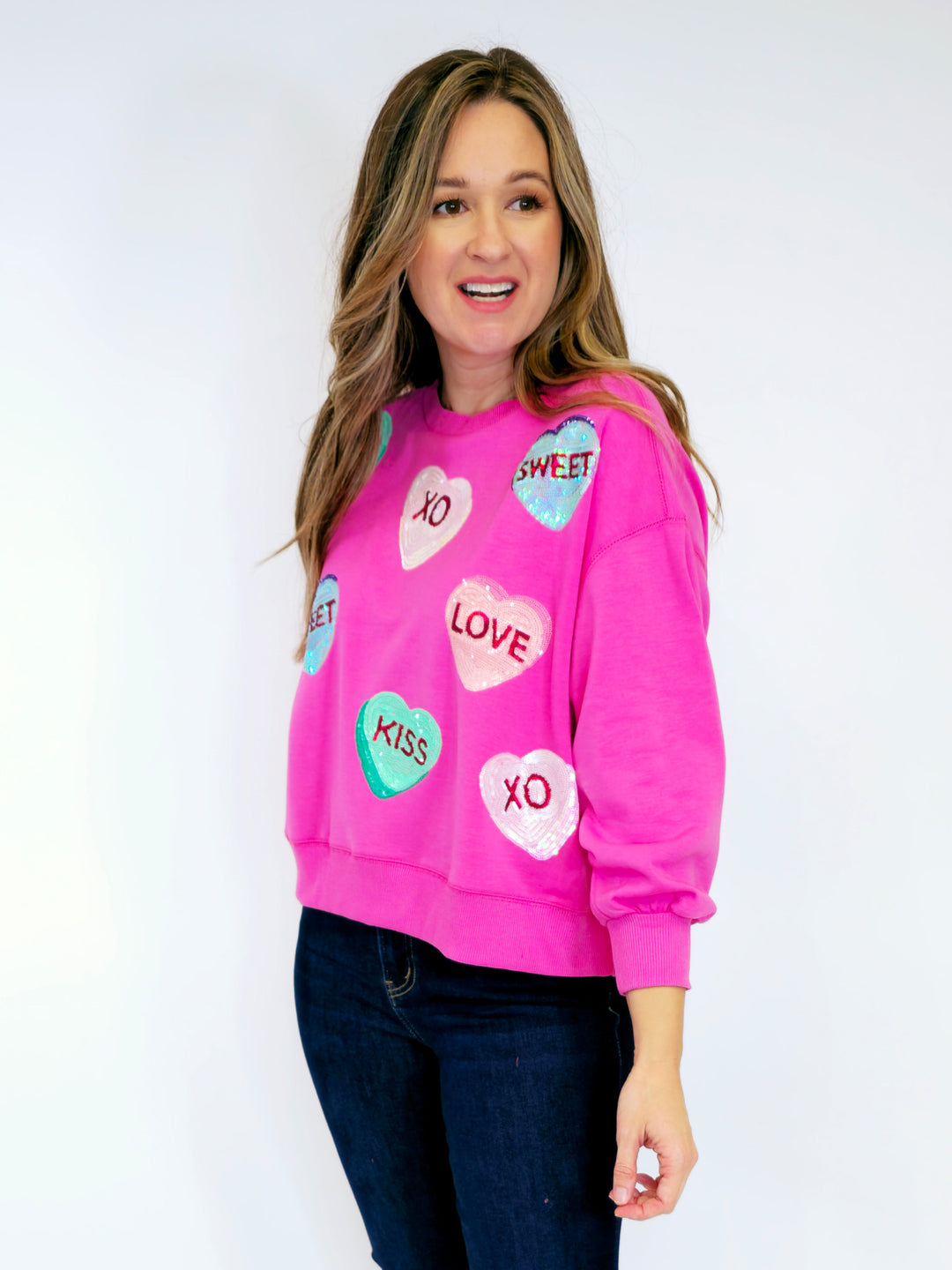 CREW NECK CANDY HEARTS SWEATSHIRT - PINK